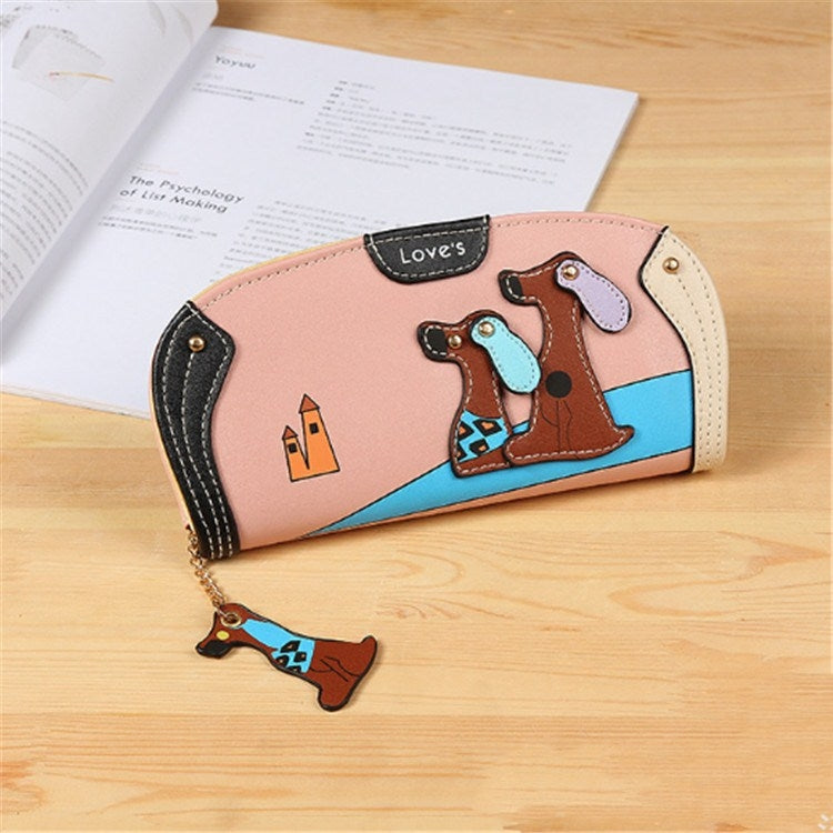 Pink long zipper wallet clutch with cartoon dog appliques and blue side panel