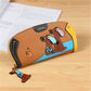 Brown long zipper wallet clutch with cartoon dog applique and blue bottom trim