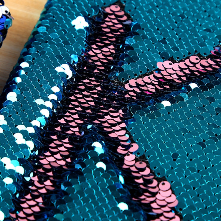 Close-up of lake blue and pink sequin scales with dark sequin letter detail