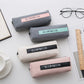 Four pastel fabric pencil cases with printed label and zipper closure
