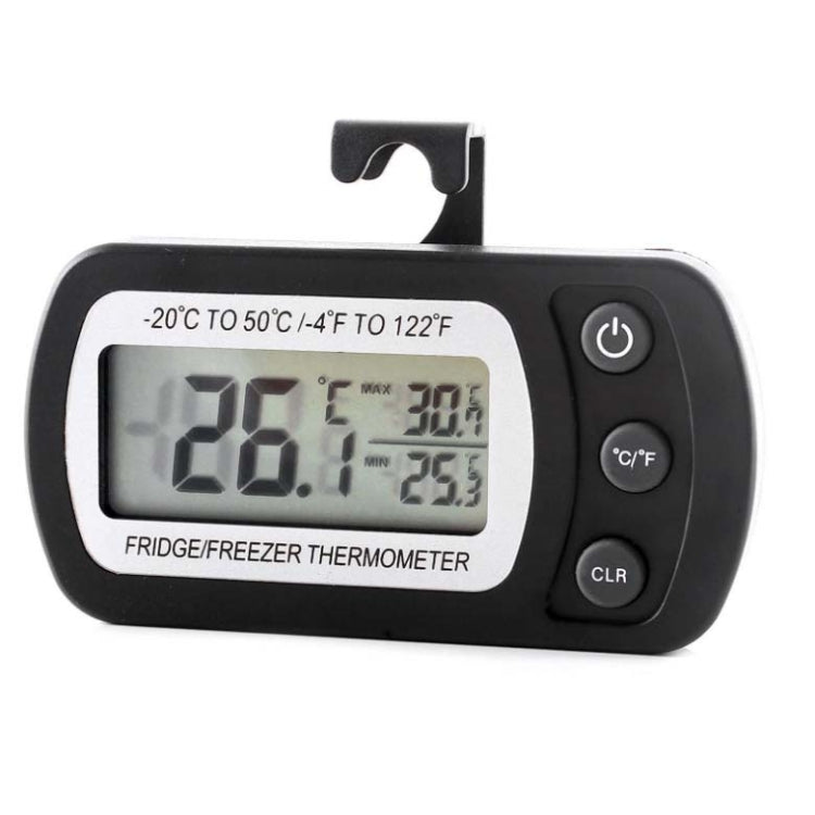 Black digital fridge/freezer thermometer with LCD screen and side control buttons
