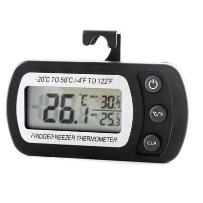 Black digital fridge/freezer thermometer with LCD screen and side control buttons