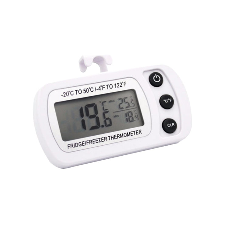 White digital fridge/freezer thermometer with LCD display and °C/°F controls