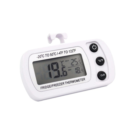 White digital fridge/freezer thermometer with LCD display and °C/°F controls