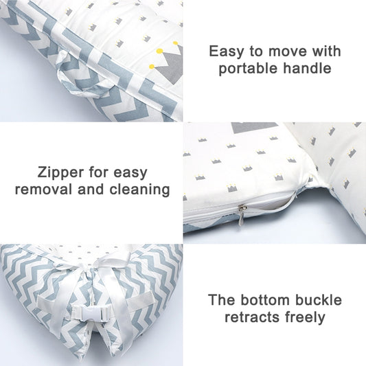Portable baby nest with zipper closure and removable side panel