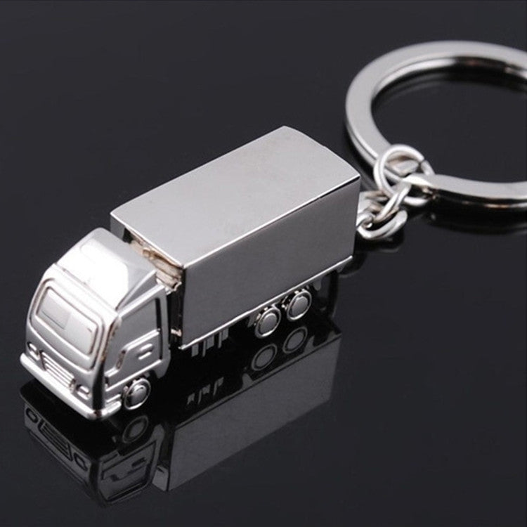 Metal van-shaped keychain pendant with chain and split ring, silver truck detail