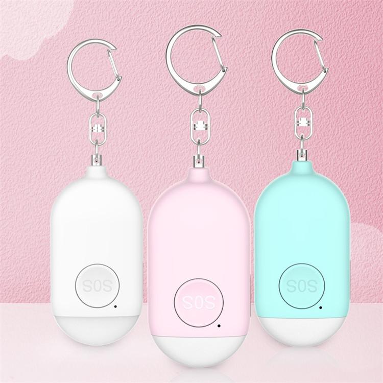 Set of personal safety alarm keychains in white, pink, and light blue with SOS buttons