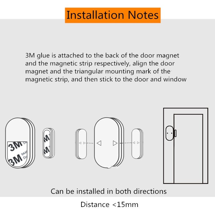 Installation diagram of white door/window alarm sensor with 3M glue strip