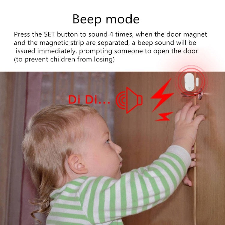 White anti-theft alarm sensor showing beep indicator on mounting surface