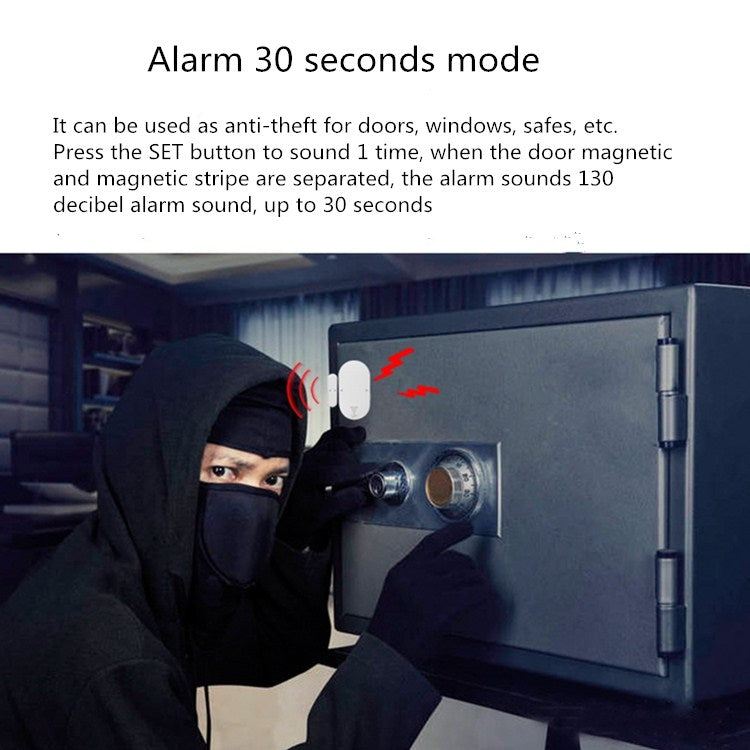 White anti-theft alarm sensor mounted on a door or window frame