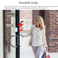 White doorbell-mode alarm sensor mounted on a glass door, with arrow icons