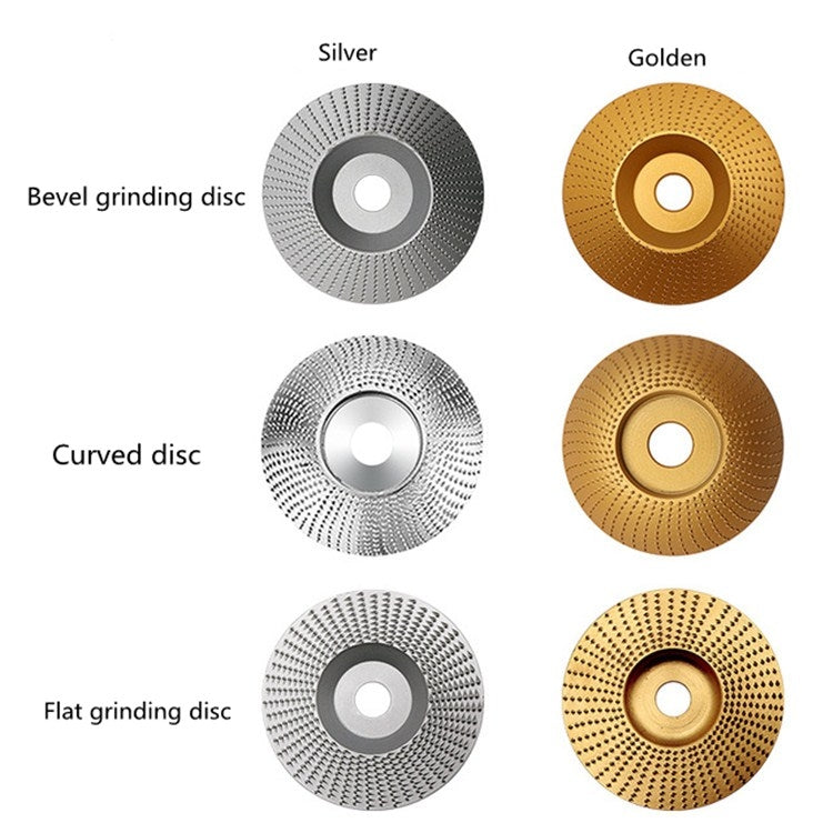 Angle-grinder grinding disks in silver and gold for bevel, curved, and flat styles