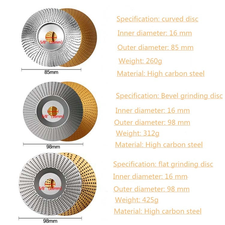 Curved and bevel grinding disks with gold and silver finishes, visible center holes