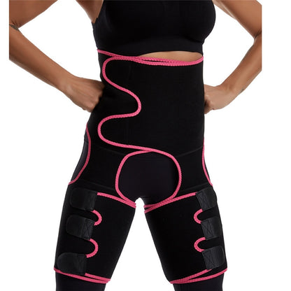 Black waist girdle with pink trim, front hip shaping panels, and adjustable thigh belts