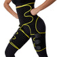 Black waist girdle with neon yellow trim, front hip support and adjustable thigh belt straps