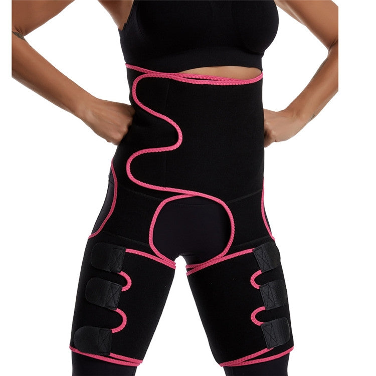 Black hip belt waist girdle with pink trim, curved hip panel and adjustable thigh belts