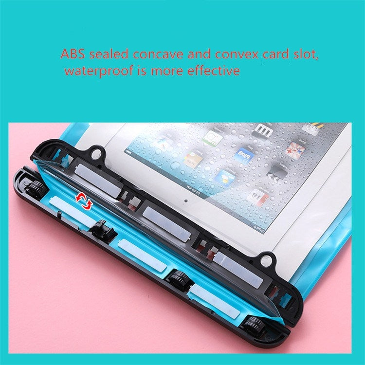 Transparent waterproof bag with clear panel and black sealed frame in blue case