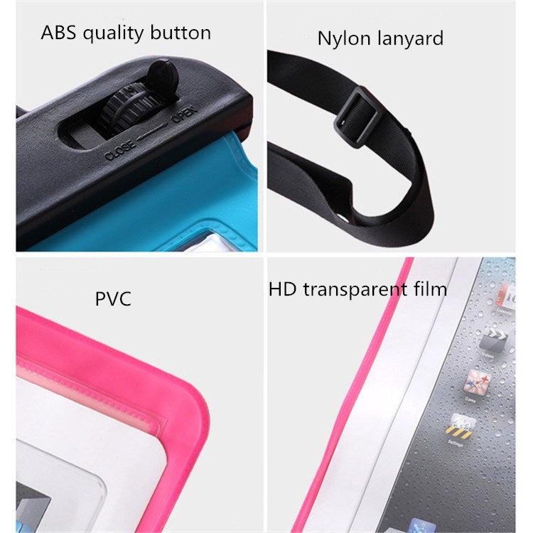 Transparent waterproof bag details: black button, nylon lanyard, PVC clear film