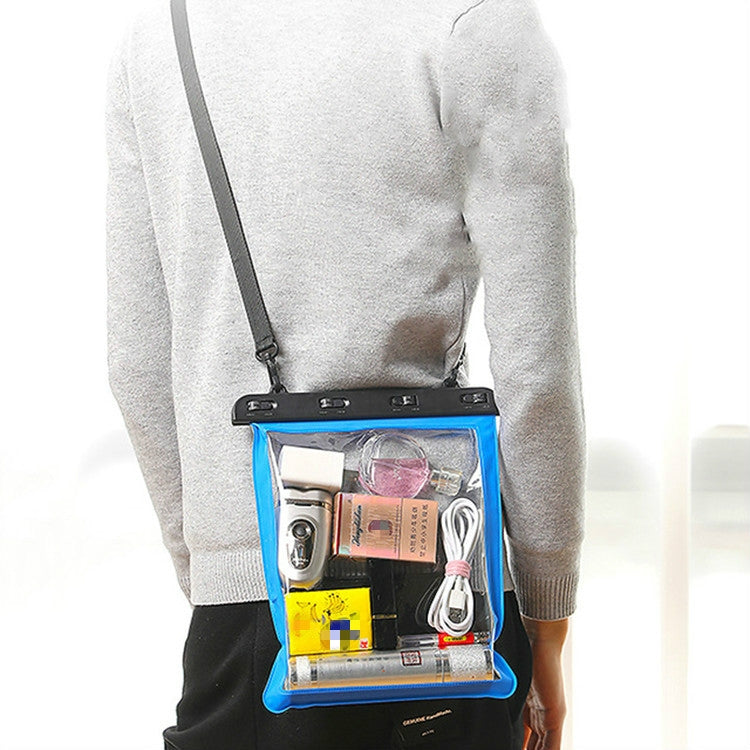 Blue transparent waterproof single-shoulder bag worn with clear window for small items