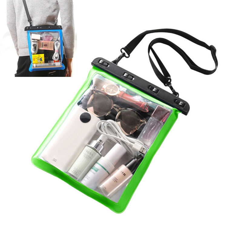 Green transparent waterproof single-shoulder bag with clear window and black strap