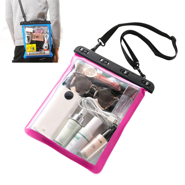 Pink transparent waterproof single-shoulder bag with clear window and black strap
