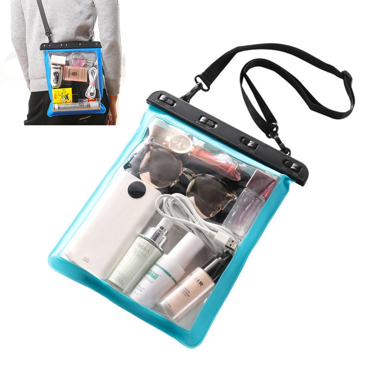 Transparent single-shoulder waterproof pouch bag with black strap and snap-top, for small items