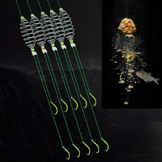 Spring fishing hook set with silver double hooks, green line, neon yellow barbs