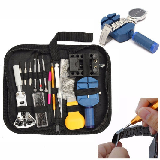 Black zip watch repair tool pouch with screwdrivers, pry tool, and small accessories