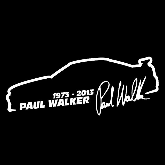 Silver vinyl car sticker featuring Paul Walker car outline and 1973-2013 signature