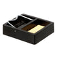 Black square soldering iron stand with metal support arms and sponge insert