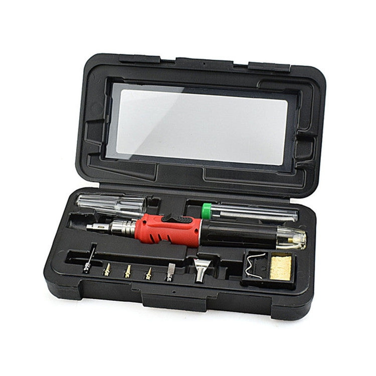 Gas soldering iron tool set with red handle and accessories in black hard case