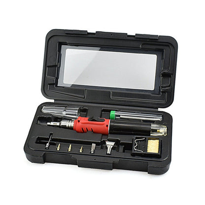 Gas soldering iron tool set with red handle and accessories in black hard case
