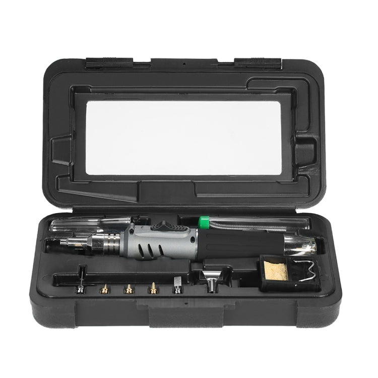 Gas soldering iron tool set with gray handle and accessories in black hard case