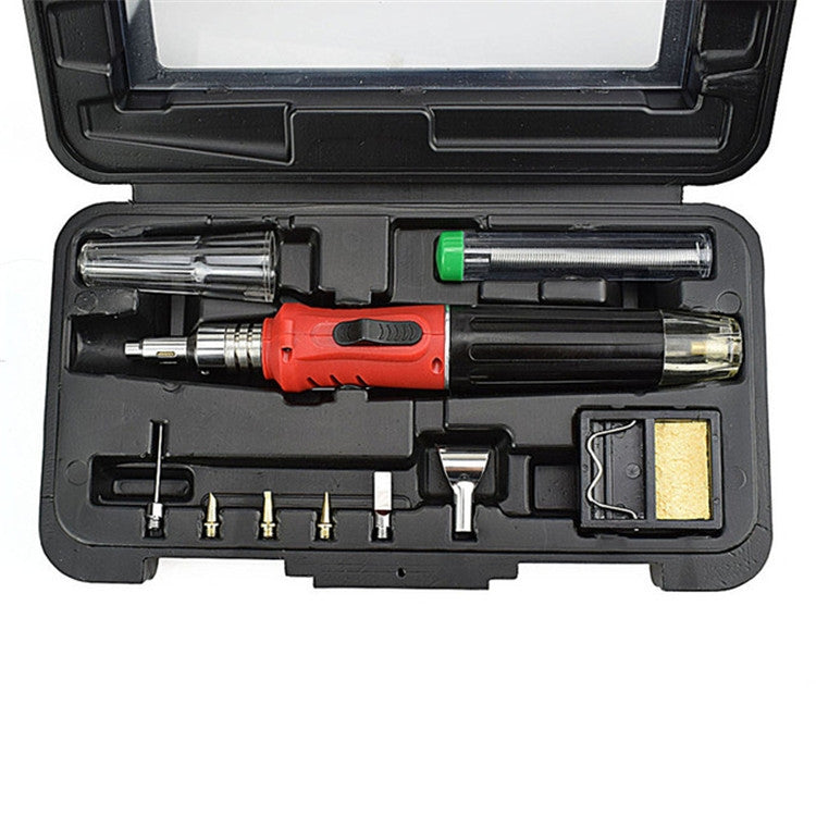 Gas soldering iron tool set with red handle, tools, and tips in open black case