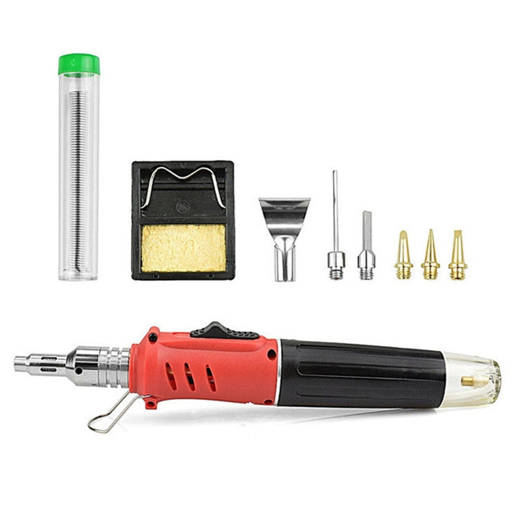 Gas soldering iron kit with red handle, fuel canister, stand, and multiple nozzles
