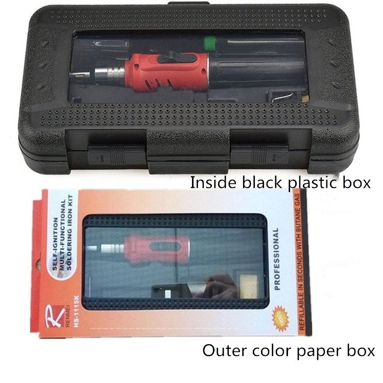 Gas soldering iron set packaging showing black hard case inside a box