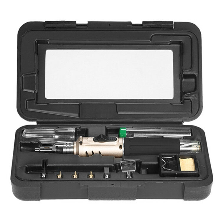 Gas soldering iron tool set with beige body, black handle, and tips in black case