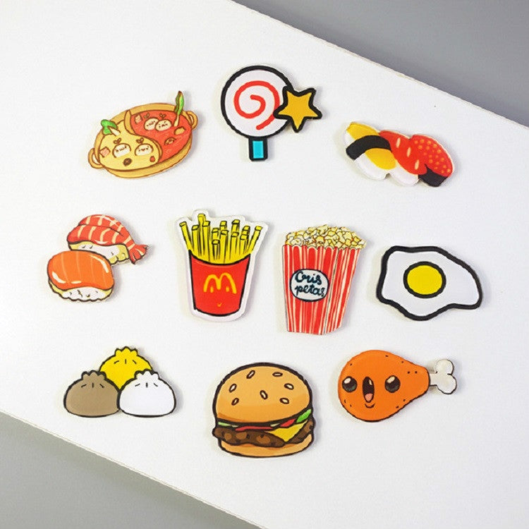 Cartoon food refrigerator magnet set with fries, burger, sushi, taco, and egg