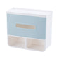 Light blue bathroom napkin holder tray with large front window and open lower compartments