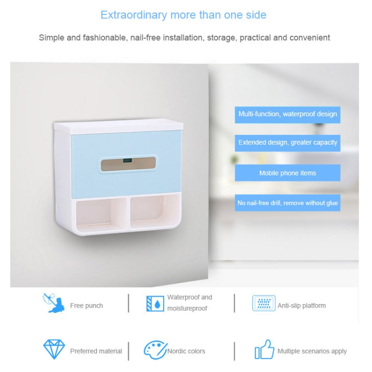 Light blue bathroom napkin holder tray with front handle slot and lower storage bays