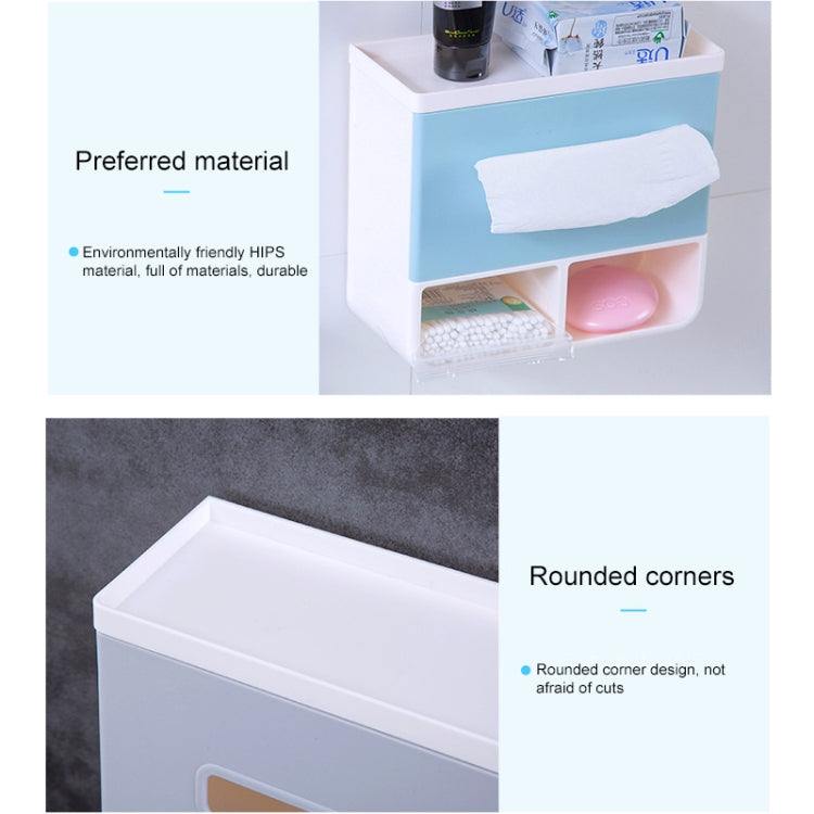 Light blue bathroom napkin holder tray with rounded corners and front tissue opening