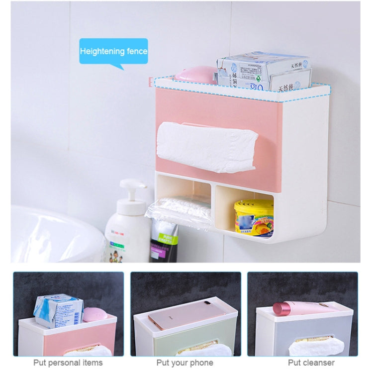 Light blue bathroom napkin holder tray with front tissue bay and lower storage for toiletries