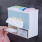 Light blue bathroom napkin holder tray with front tissue slot and lower box compartment