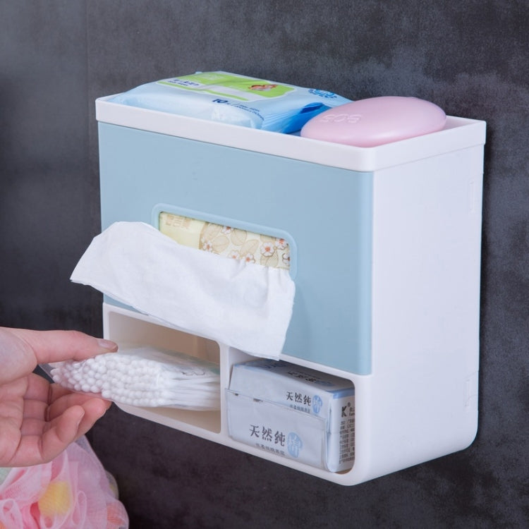 Light blue bathroom napkin holder tray with front tissue slot and lower box compartment