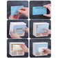 Light blue bathroom napkin holder tray with front access slot during tissue loading
