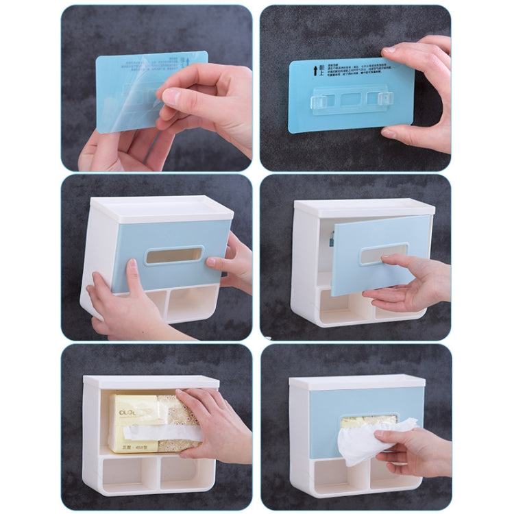 Light blue bathroom napkin holder tray with front access slot during tissue loading