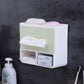 Light-colored bathroom napkin holder tray with front tissue bay and lower storage compartment