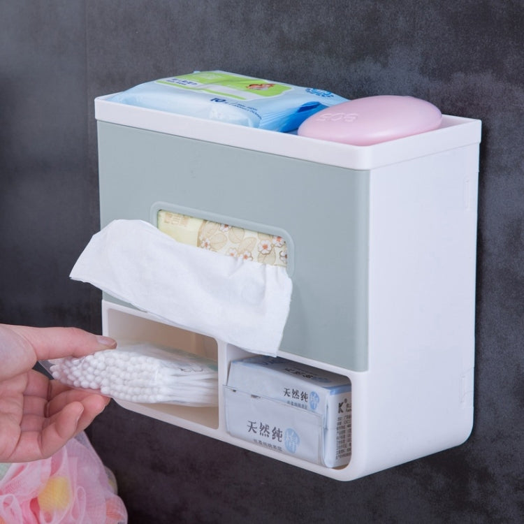 Light blue bathroom napkin holder tray with front tissue slot and two-tier storage design