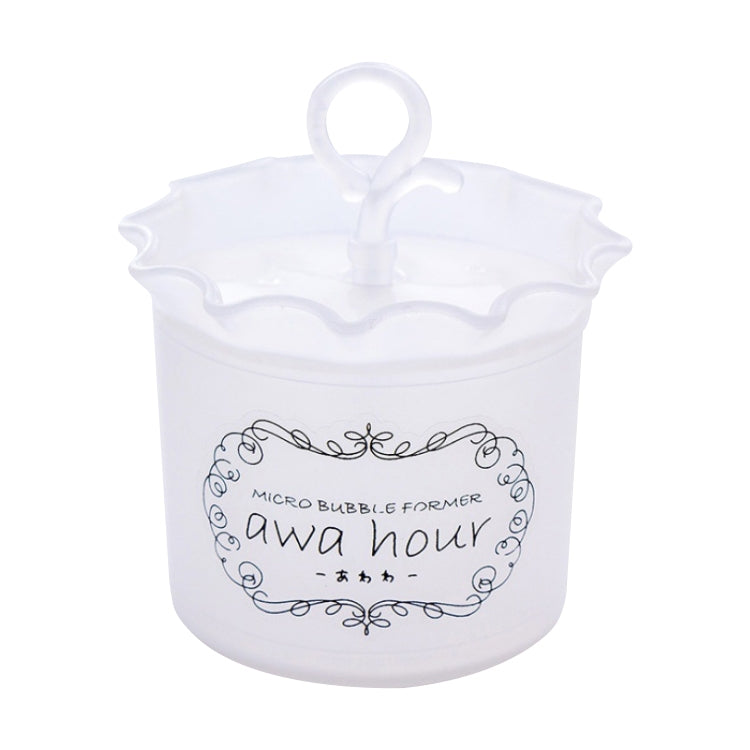 White facial cleaner frother bottle with squeeze handle and front label