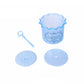 Blue facial cleaner frother bottle with squeeze handle, lid, and foam discs